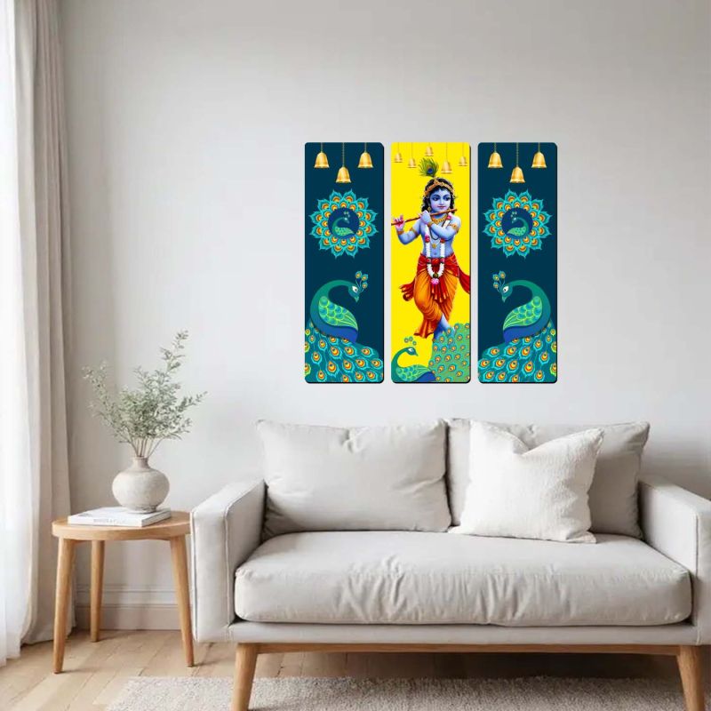 Lord Krishna Wooden Wall Hanging Art  Divine Bal Gopal Flute Playing Artwork for Living Room, Pooja Mandir, and Home Decor